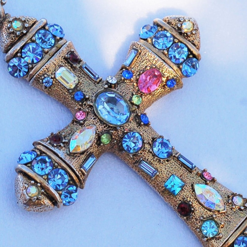 Huge Blue Rhinestone Gold Cross Pendant Vintage